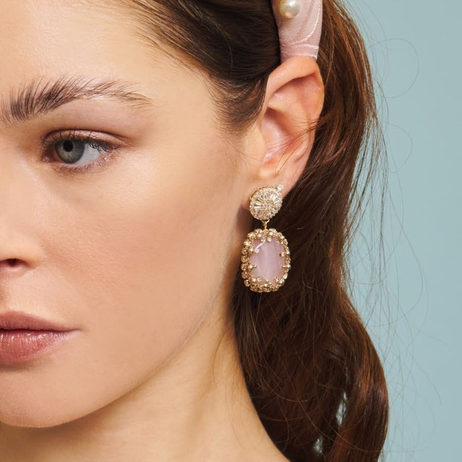 Claudette Gemstone Drop Earrings Rose Pink Quartz