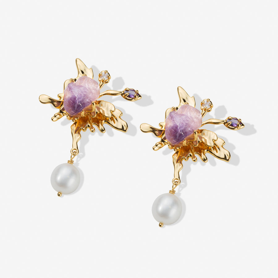 Albertine Luxe gemstone earrings Amethyst Quartz and Freshwater Pearls