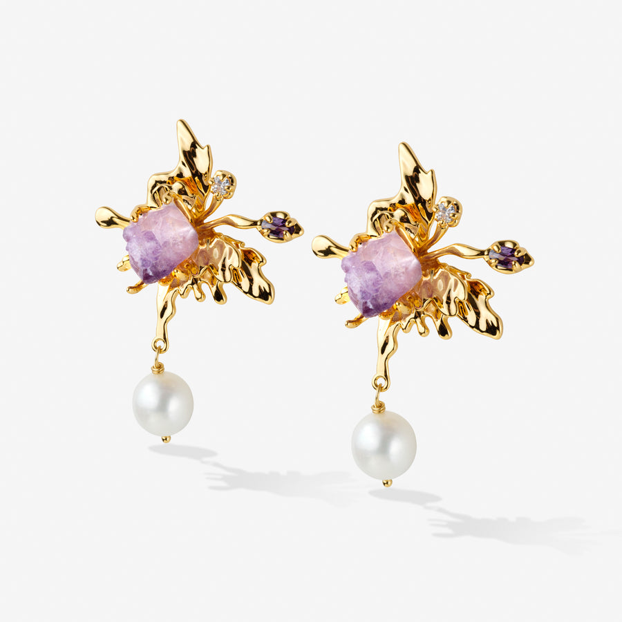 Albertine Luxe gemstone earrings Amethyst Quartz and Freshwater Pearls