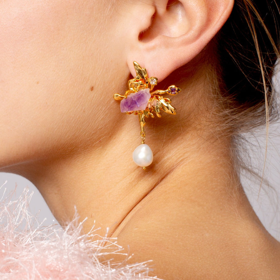 Albertine Luxe gemstone earrings Amethyst Quartz and Freshwater Pearls